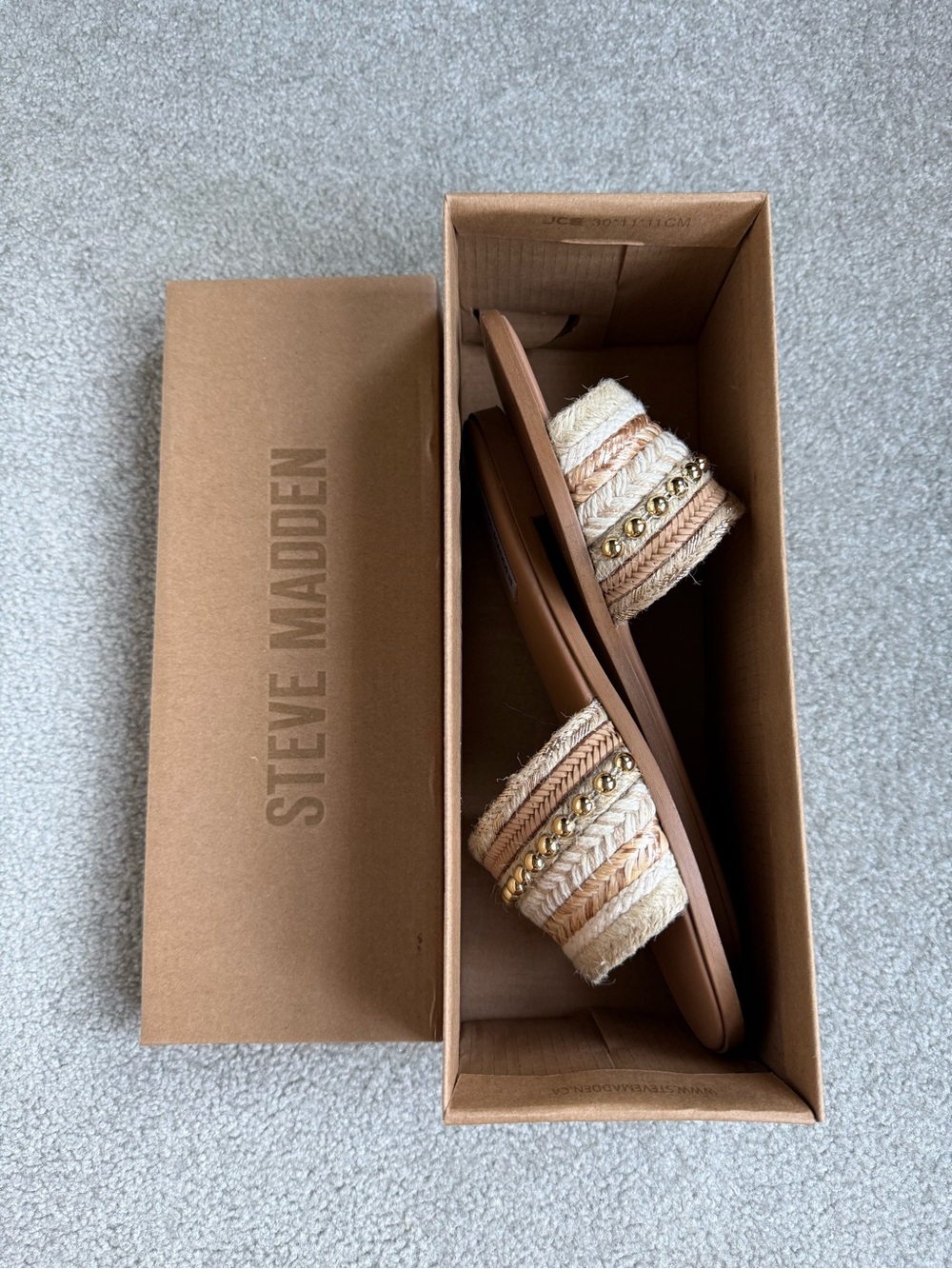 Steve Madden Braided Metallic Accent Slide Sandals in Tan and Cream